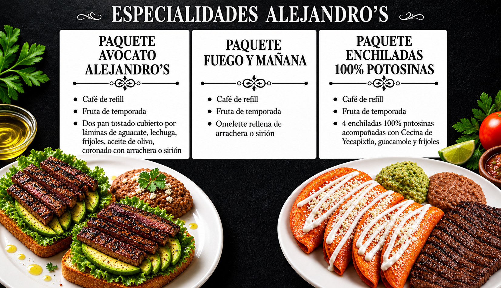 Especialidades Alejandro's: paquete avocato, fuego y mañana, y enchiladas 100% potosinas